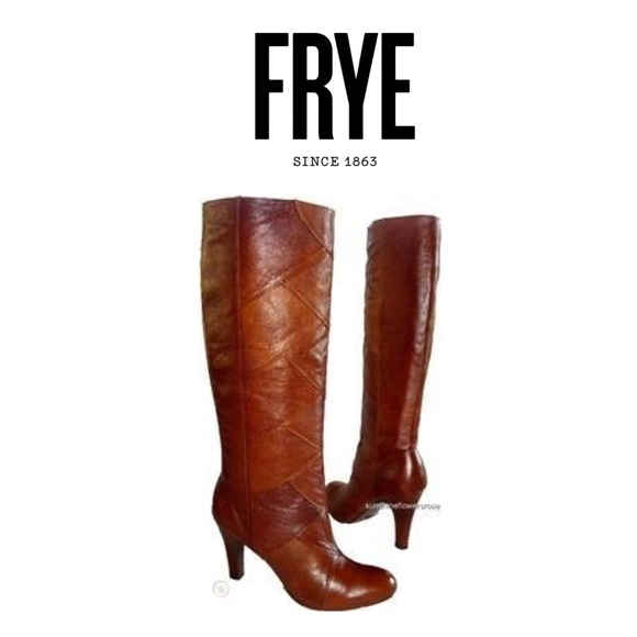 Frye “Ava” Tall Patch Work Boots Cognac (GoodYear)